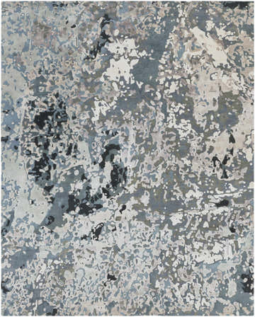 Close-up of the Ingomar Area Rug. Contemporary design in black, denim, sage, gray, navy, and off-white. Hand-knotted viscose texture. Design-Rectangle-810