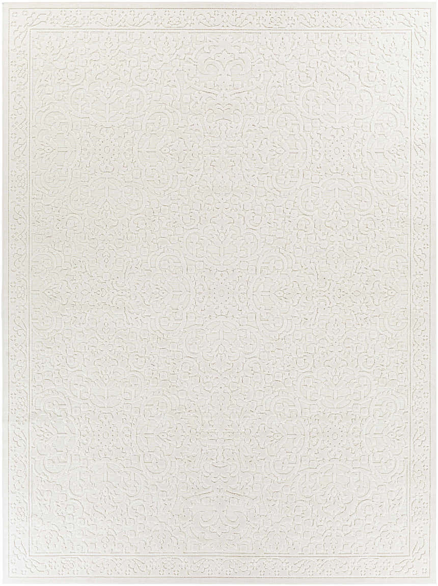 Close-up of the beige Innaloo 3D Outdoor Area Rug featuring a subtle, raised floral pattern and rectangular shape. Design-Rectangle-71010