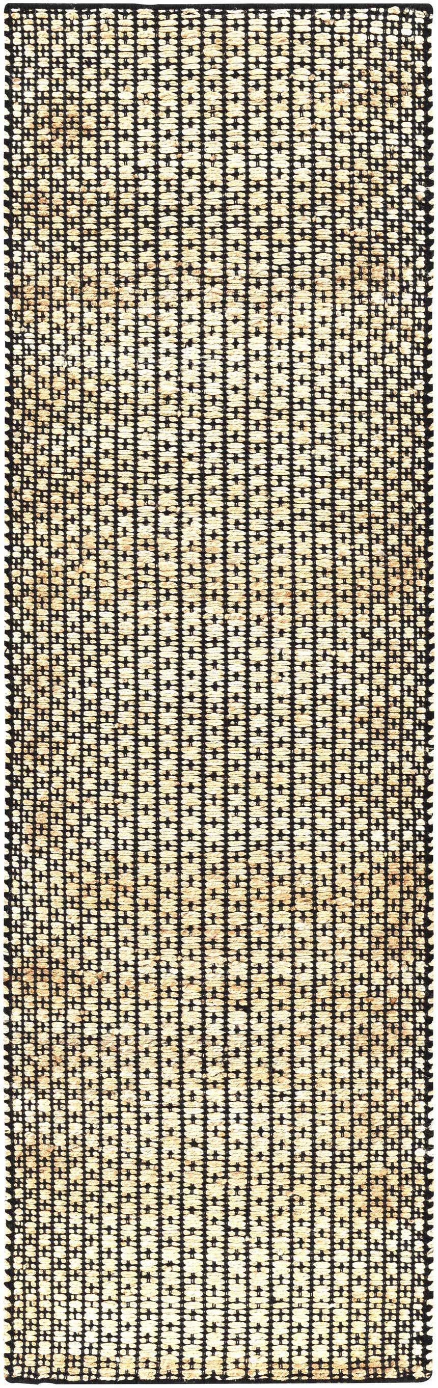 Close-up of Iqaluit Natural Jute Rug. Hand-woven rug with black grid pattern on light beige jute. Contemporary, farmhouse style. Design-Runner-268