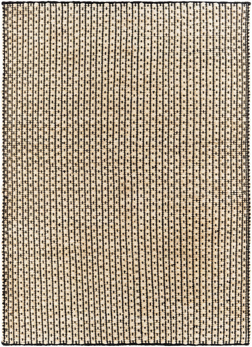 Close-up of the Iqaluit Natural Jute Rug. Hand-woven rug with black stripes on a light beige jute background. Contemporary style. Design-Rectangle-576