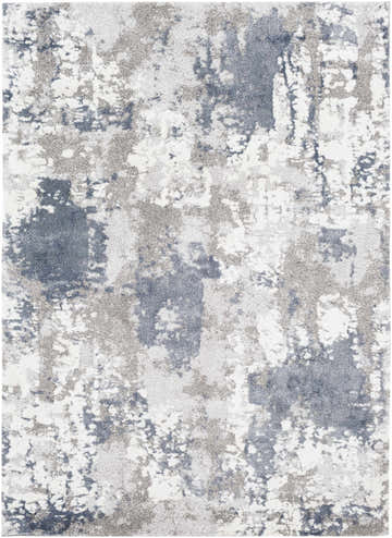 Close-up of the Iroquois Area Rug with a contemporary denim, ivory, and gray abstract pattern. Design-Rectangle-5373