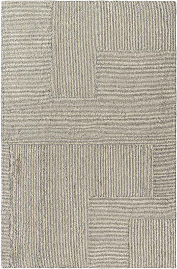 Close-up of the hand-tufted Isamu Area Rug; a farmhouse style rug in dusty sage and medium gray with a geometric pattern. Design-Rectangle-576