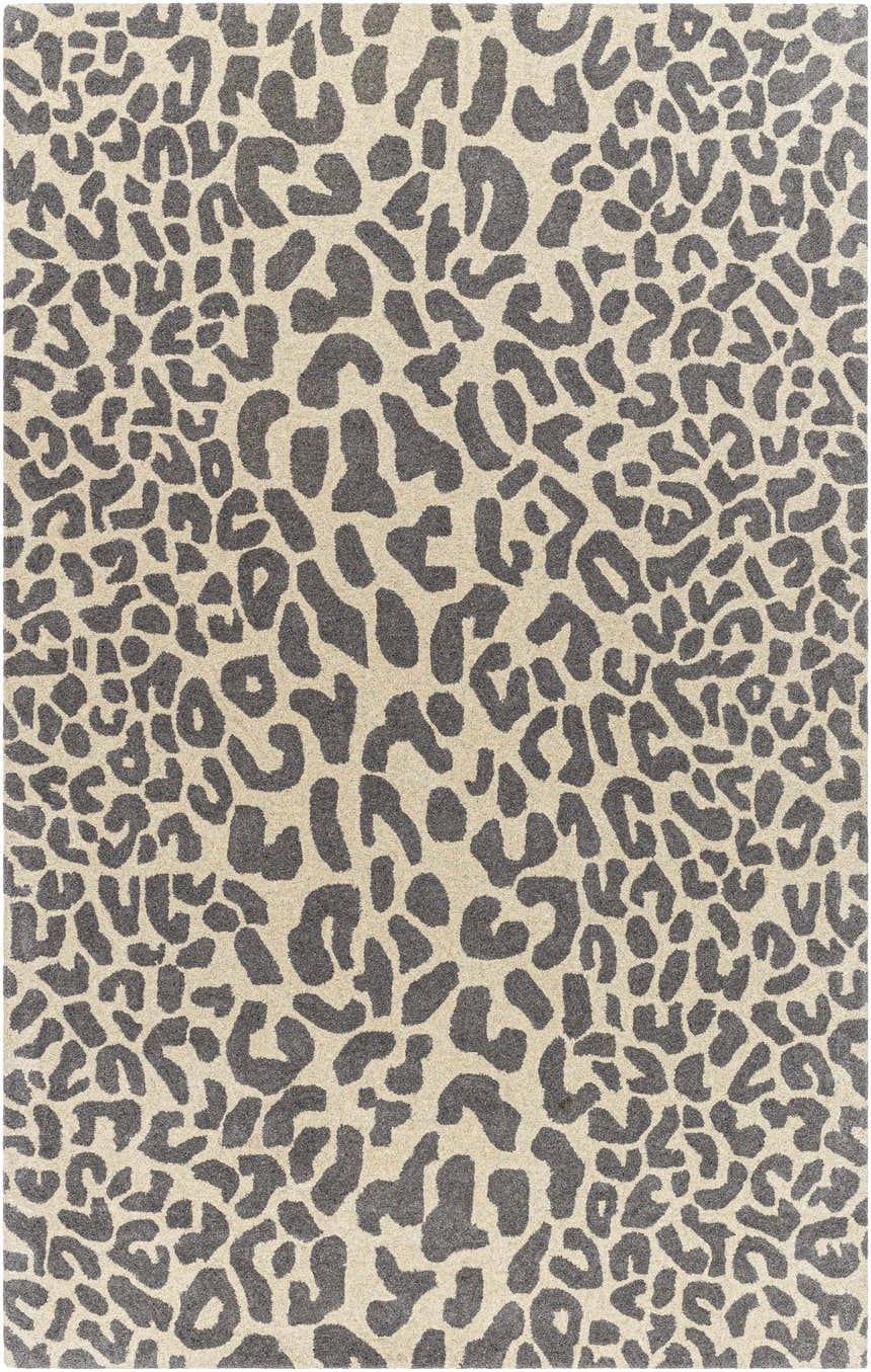 Close-up of the Iseul Leopard Print Area Rug. Features a gray leopard pattern on a taupe background. Hand-tufted wool rug. Design-Rectangle-58