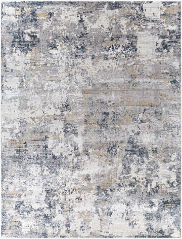 Close-up of the Islington Textured Luxe Area Rug with charcoal, blue, beige, gray, and yellow abstract design. Design-Rectangle-71010