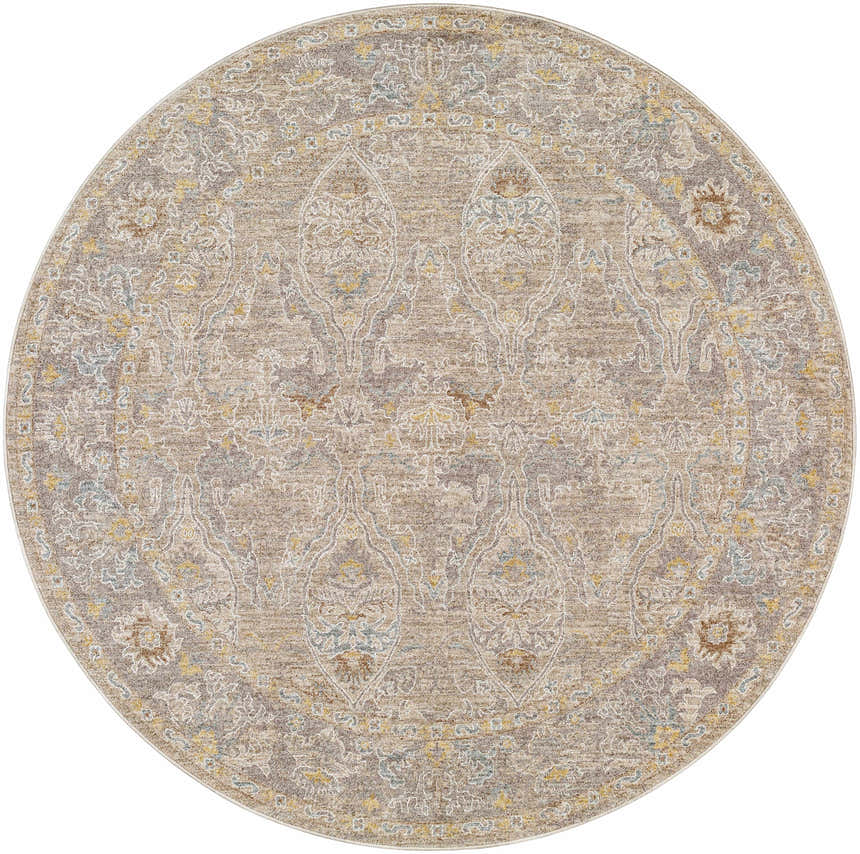 Round Istas Thick Luxe Area Rug in cloud gray, lambswool, and light brown with a traditional floral pattern. Design-Round