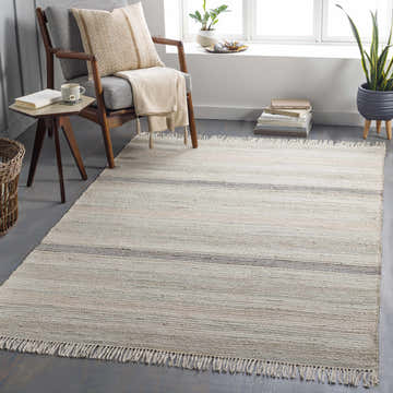 Living room scene with Ivana Area Rug in light beige, brown, and charcoal. Farmhouse style with gray chair and natural light. Roomscene-Rectangle