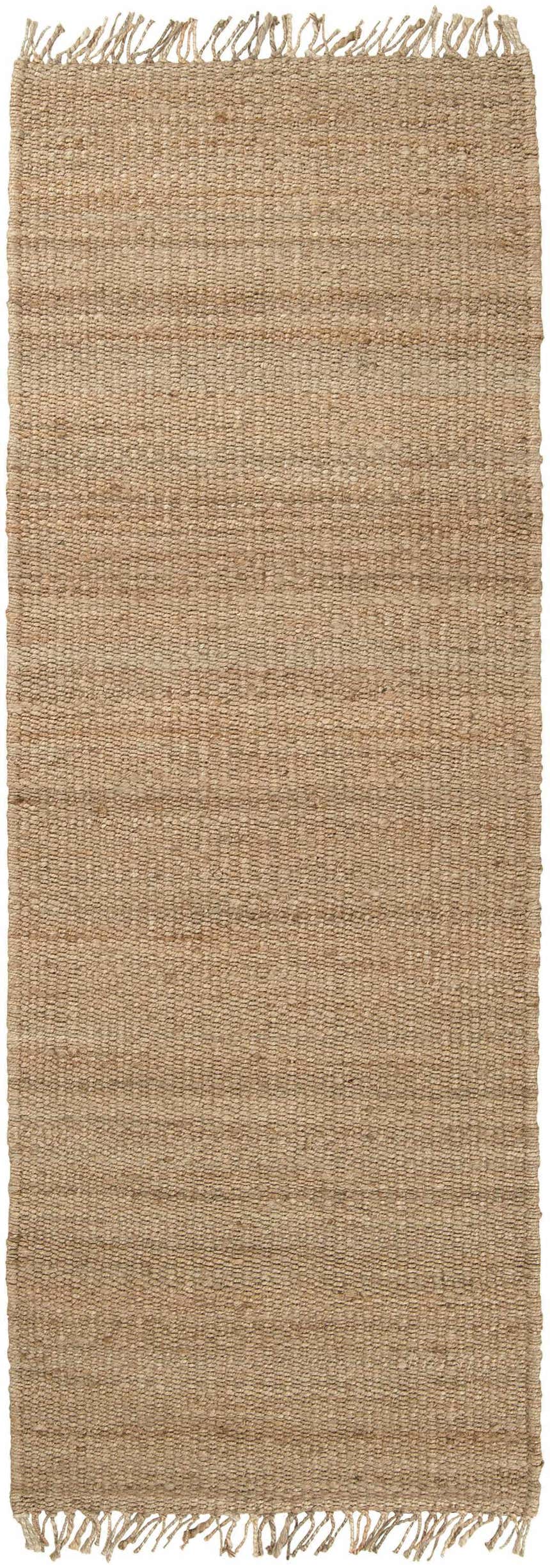 Close up of the beige, natural jute Oaks Perfect Flatweave Jute Rug with tassels. Hand woven texture. Design-Runner-268