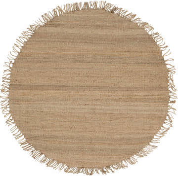 Close-up of round Oaks Perfect Flatweave Jute Rug. Hand-woven natural fiber rug in beige and jute with fringed edges. Design-Round