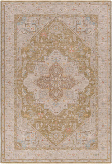 Close-up of the Jago Thick Luxe Area Rug, featuring a traditional design in amber, olive, and gray tones. Design-Rectangle-6796
