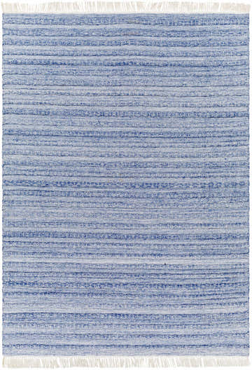 Close-up of the hand woven Jake Area Rug. Blue, cream, and ivory stripes with fringed edges. Contemporary style. Design-Rectangle-576