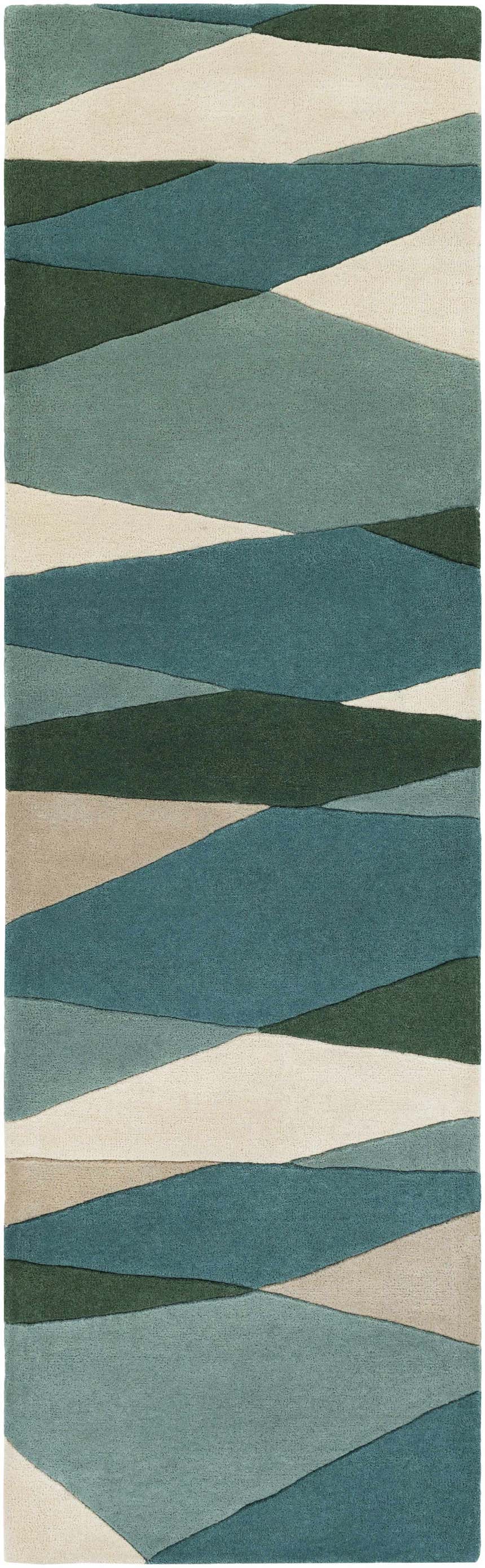 Close-up of the Jarratt Modern Wool Rug, featuring a geometric pattern in cream, sage, teal, and green hues. Design-Runner-268
