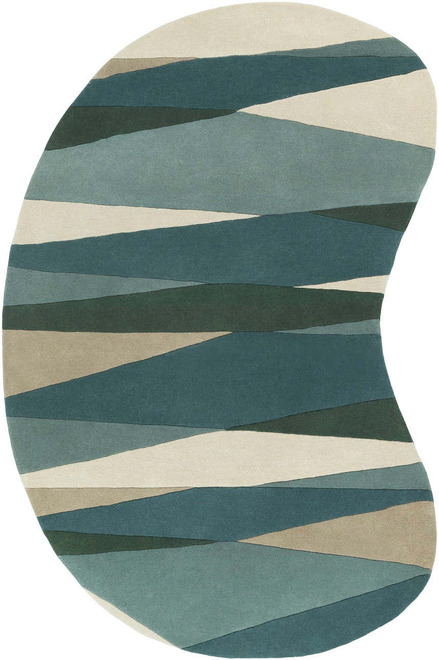 Abstract-shaped Jarratt Modern Wool Rug with cream, green, and gray horizontal stripes. Design-Custom