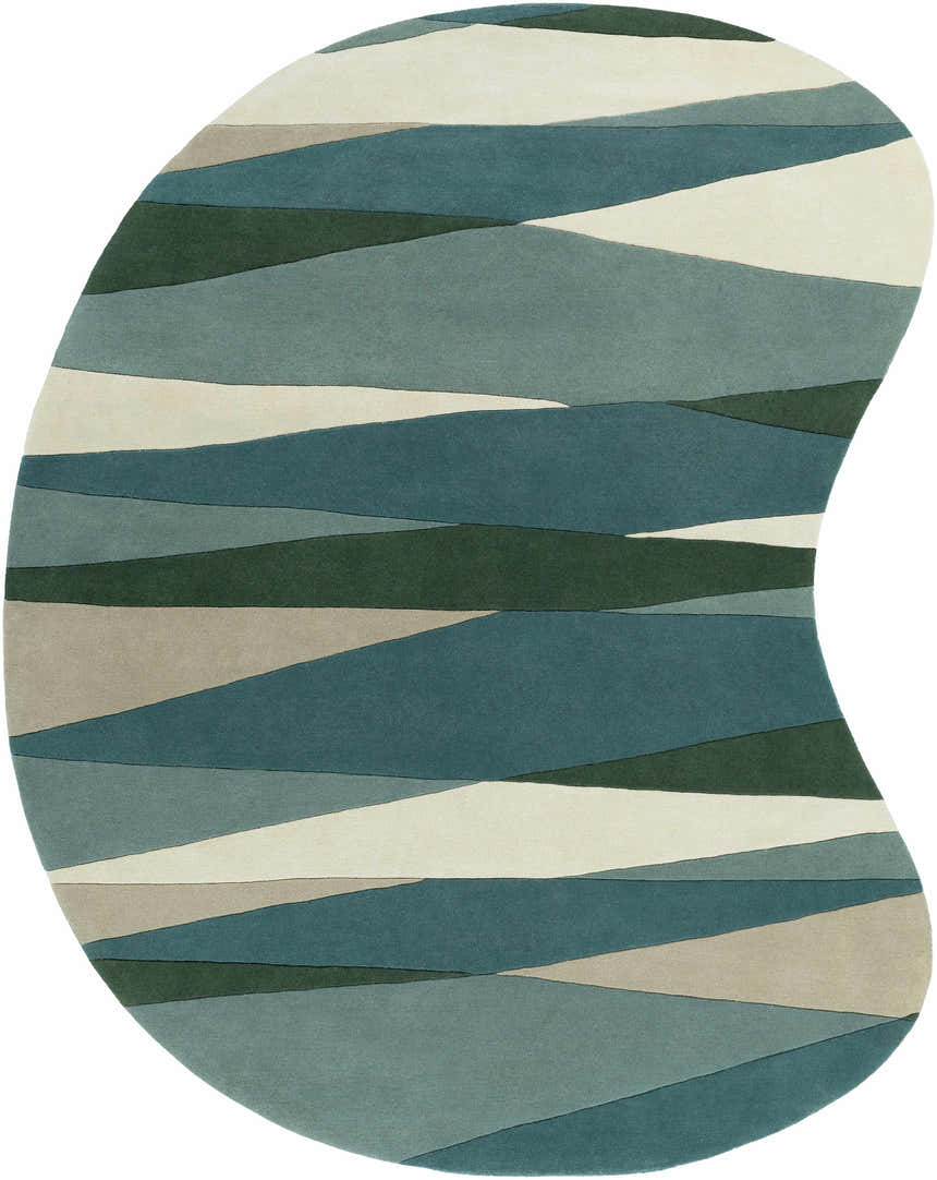 Close-up of the Jarratt Modern Wool Rug. Features a unique shape and a contemporary striped pattern in cream, green, gray, and teal. Design-Custom