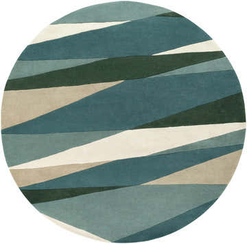 Round Jarratt Modern Wool Rug with abstract design in cream, dark green, sage, and teal. Hand-tufted texture. Design-Round-8