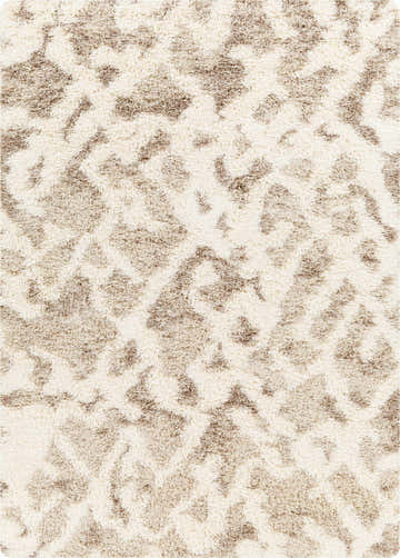 Close-up of the plush Jase Shag Area Rug, featuring a beige and light brown abstract pattern. Soft, shag texture. Design-Rectangle-5373