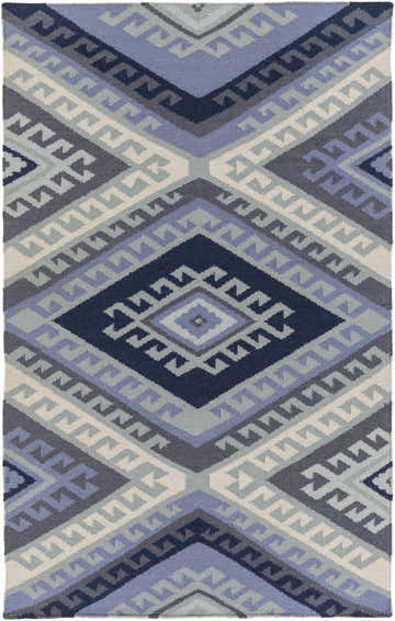 Hand woven Johnsburg Area Rug in denim, light gray, navy, and pale blue. Farmhouse style wool rug with geometric diamond pattern. Design-Rectangle