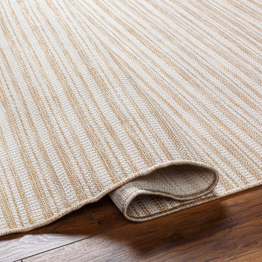Close up of the Greg Beige Area Rug showing its woven texture and beige and ivory stripes. Fold
