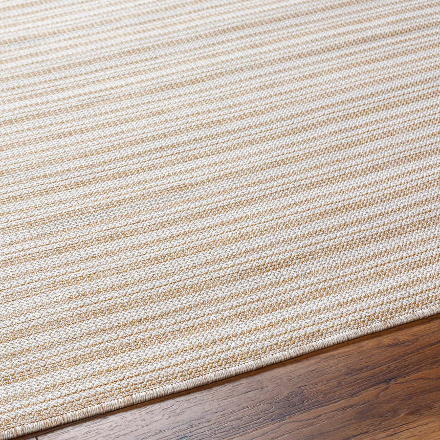 Close-up of the Greg Beige Area Rug showing its woven texture and light brown and ivory horizontal stripes. Texture