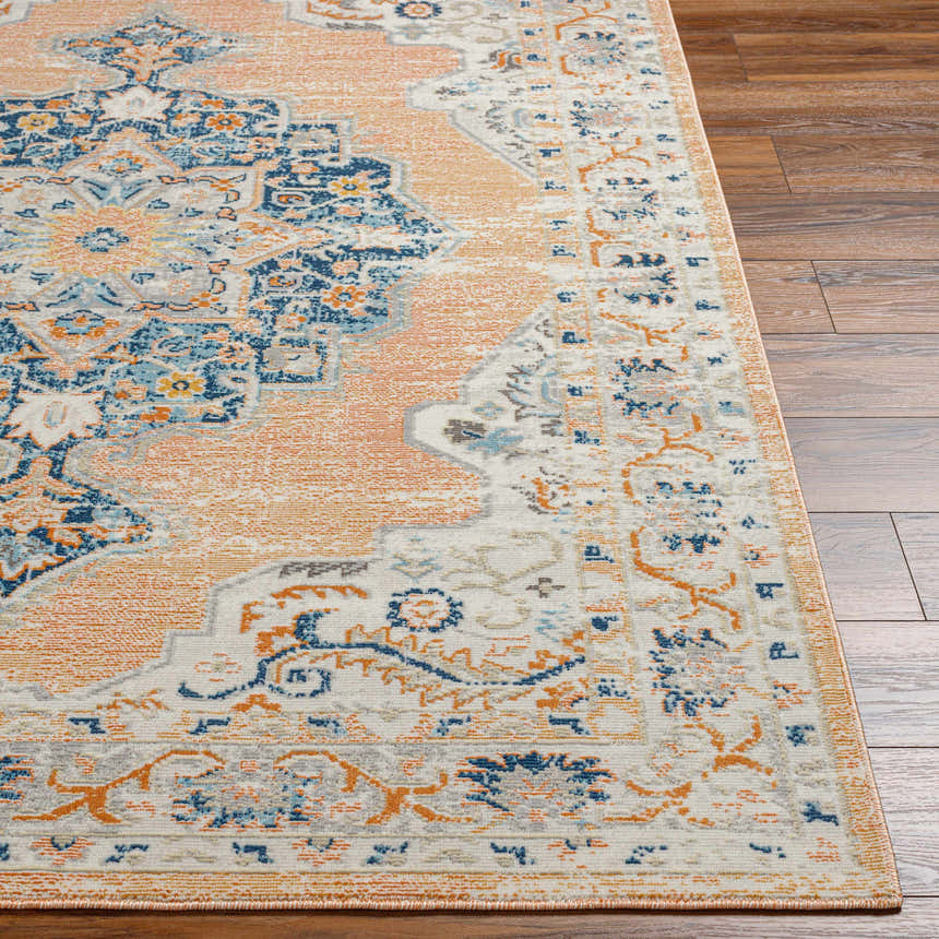 Close-up of the Joji Peach Area Rug showing its traditional design, bone, coral, and blue colors, and soft texture. Front