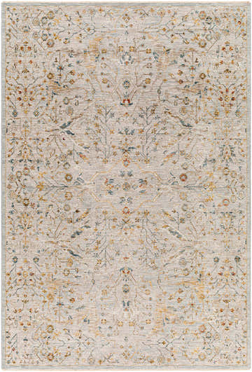 Detailed floral pattern of the Kabungahan Oushak Style Rug in cream, denim, mustard, and light brown. Design-Rectangle-575