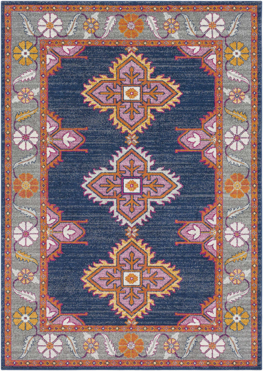 Detailed view of the Kaitlyn Navy Area Rug featuring a bohemian pattern with floral borders. Design-Rectangle-5373