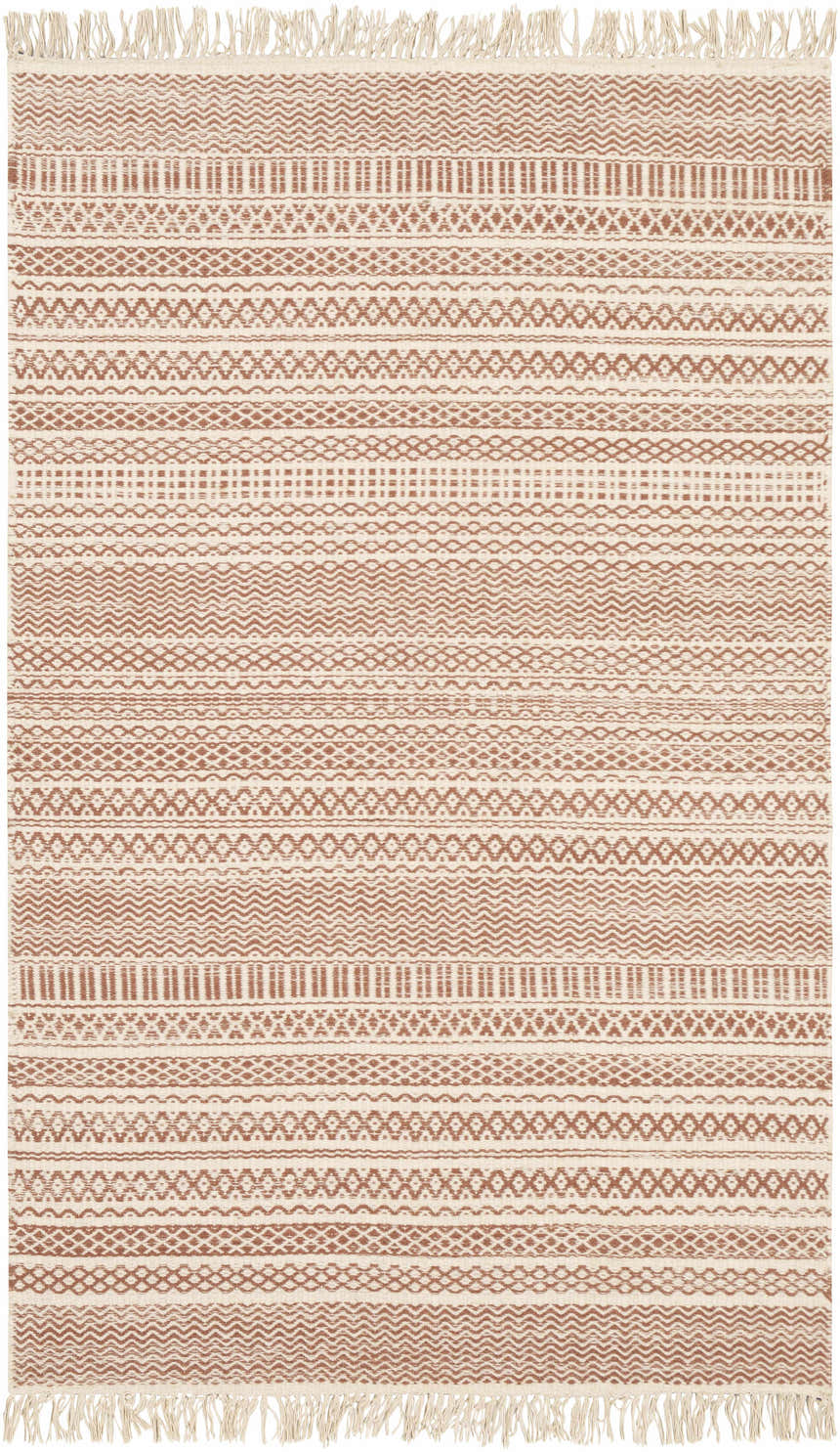 Close-up of the Kalinga Red/Cream Flatweave Wool Rug, featuring brick red geometric patterns on a cream background. Design-Rectangle