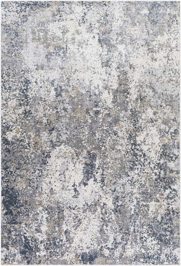 Close-up of the Kanahooka Area Rug. Machine-woven polypropylene rug in charcoal, dark blue, beige, gray, and tan. Contemporary style. Design-Rectangle-6796