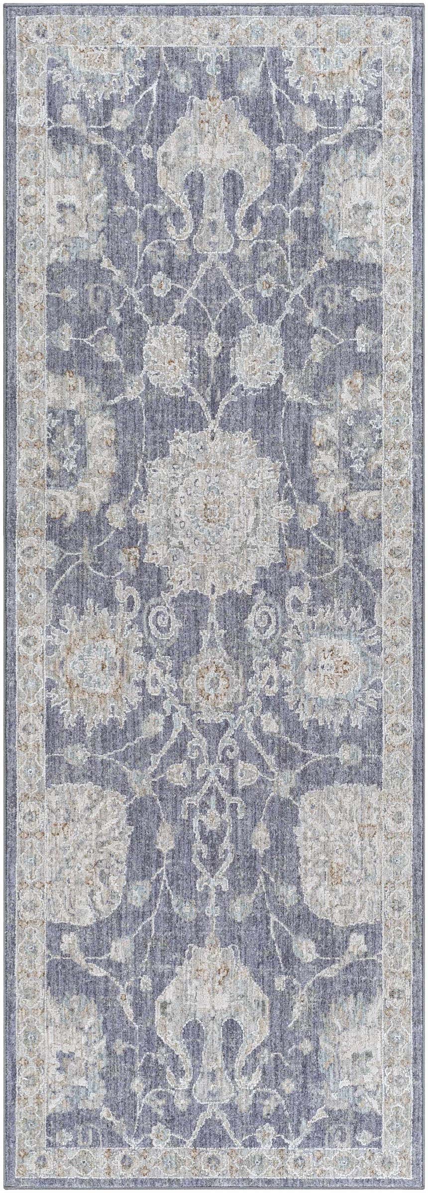Close-up of the Kanimbla Thick Luxe Avant Garde Rug; a traditional rug with beige, blue, and gray floral patterns. Design-Runner-2773