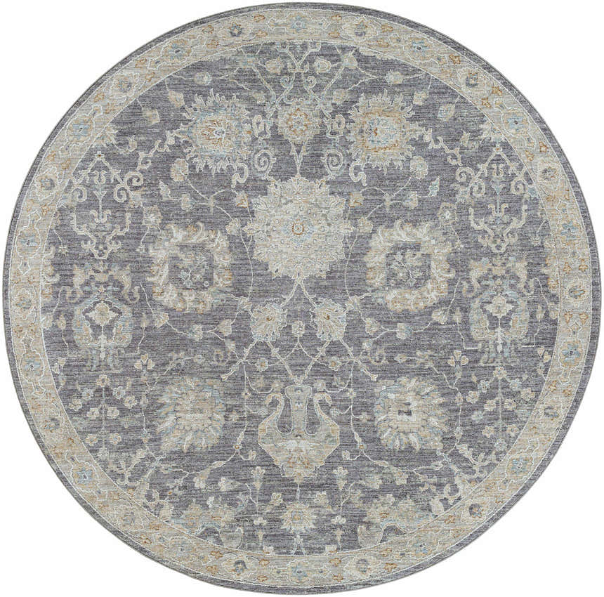 Close-up of a round Kanimbla Thick Luxe Avant Garde Rug. Features a traditional floral pattern in beige, blue, and gray tones. Design-Round-67