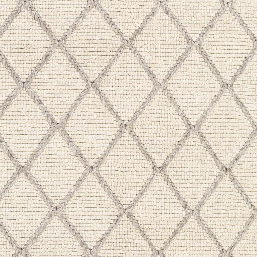 Close-up of Kanopolis Carpet showing cream wool with a medium gray diamond trellis pattern. Hand woven texture. Swatch
