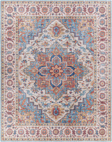 Detailed Kapaa Traditional Area Rug with beige, blue, and orange floral and geometric patterns. Design-Rectangle-7696