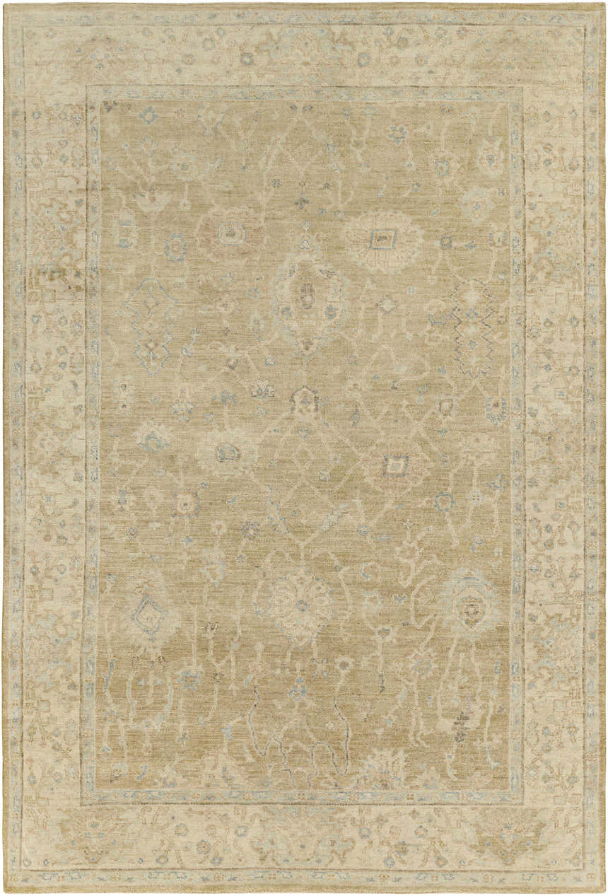 Hand knotted Karalee Wool Area Rug in beige with traditional floral and geometric patterns. Clearance rug. Design-Rectangle-69