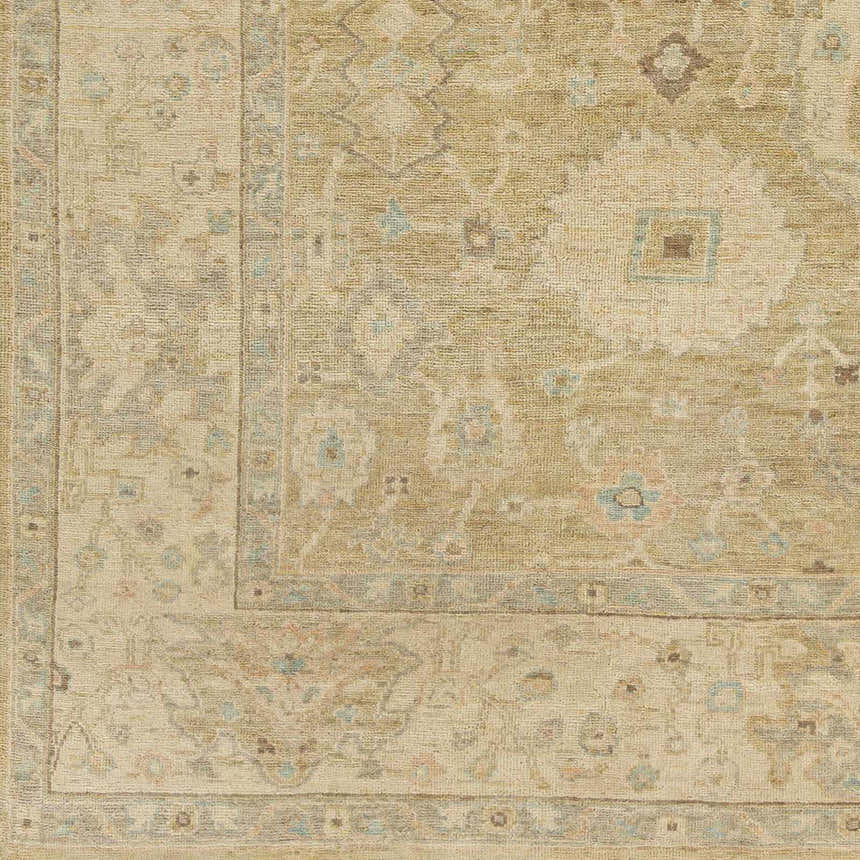 Close-up of the Karalee Handmade Wool Area Rug showing its beige, olive, and dusty pink traditional design. Swatch