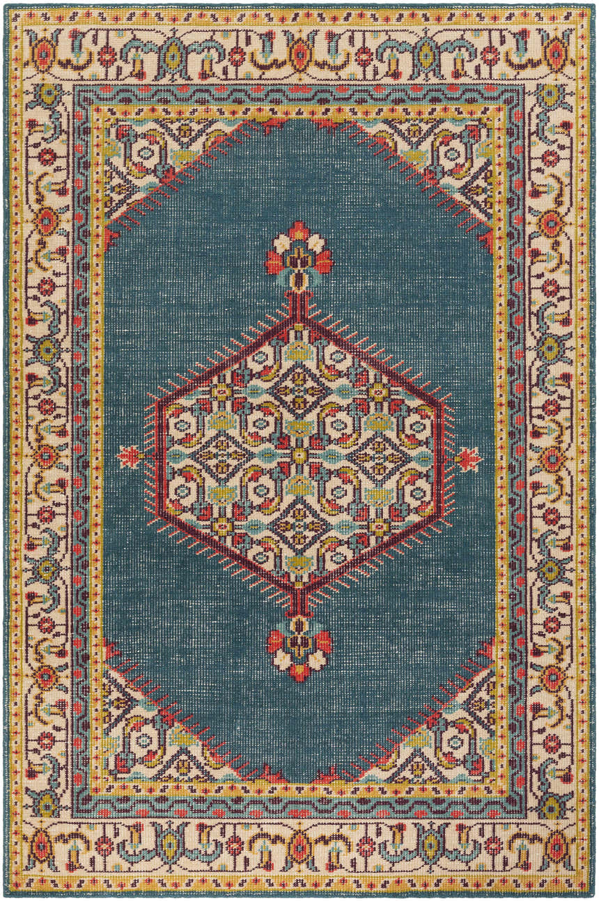 Close-up of the hand-knotted Kaser Carpet. Traditional rug design with teal, beige, red, and mustard colors. Design-Rectangle-5686