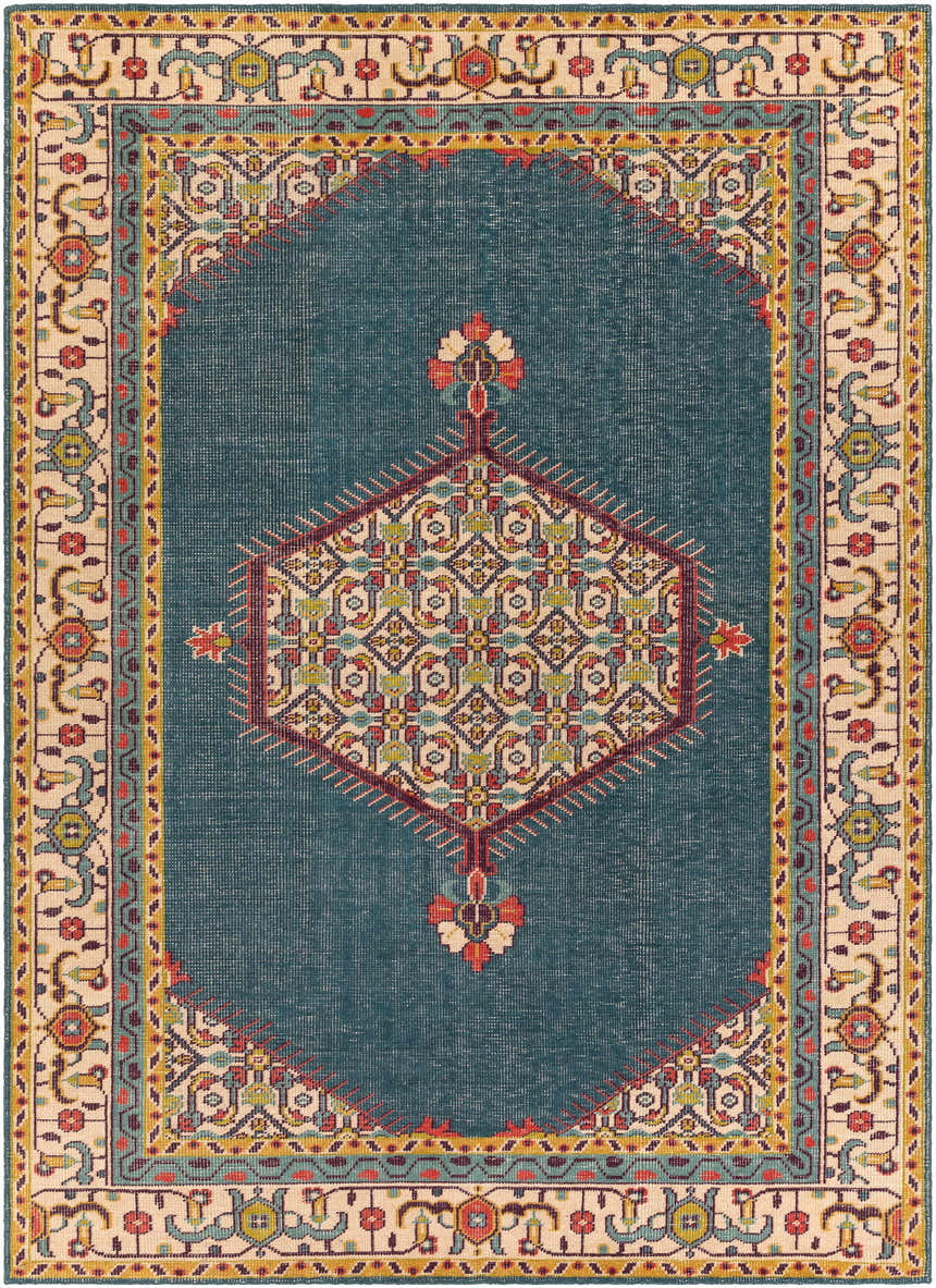 Close-up of hand-knotted Kaser Carpet. Traditional farmhouse style with teal, beige, red, mustard, and olive colors. Design-Rectangle-811