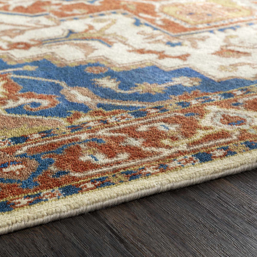 Close-up of the Kekaha Clearance Rug. Hand-knotted wool rug with blue, burnt orange, and tan traditional patterns. Texture