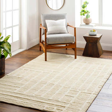 Bright living room scene with a gray chair on a cream Kelburn Area Rug. Mid-century modern style. Roomscene-Rectangle