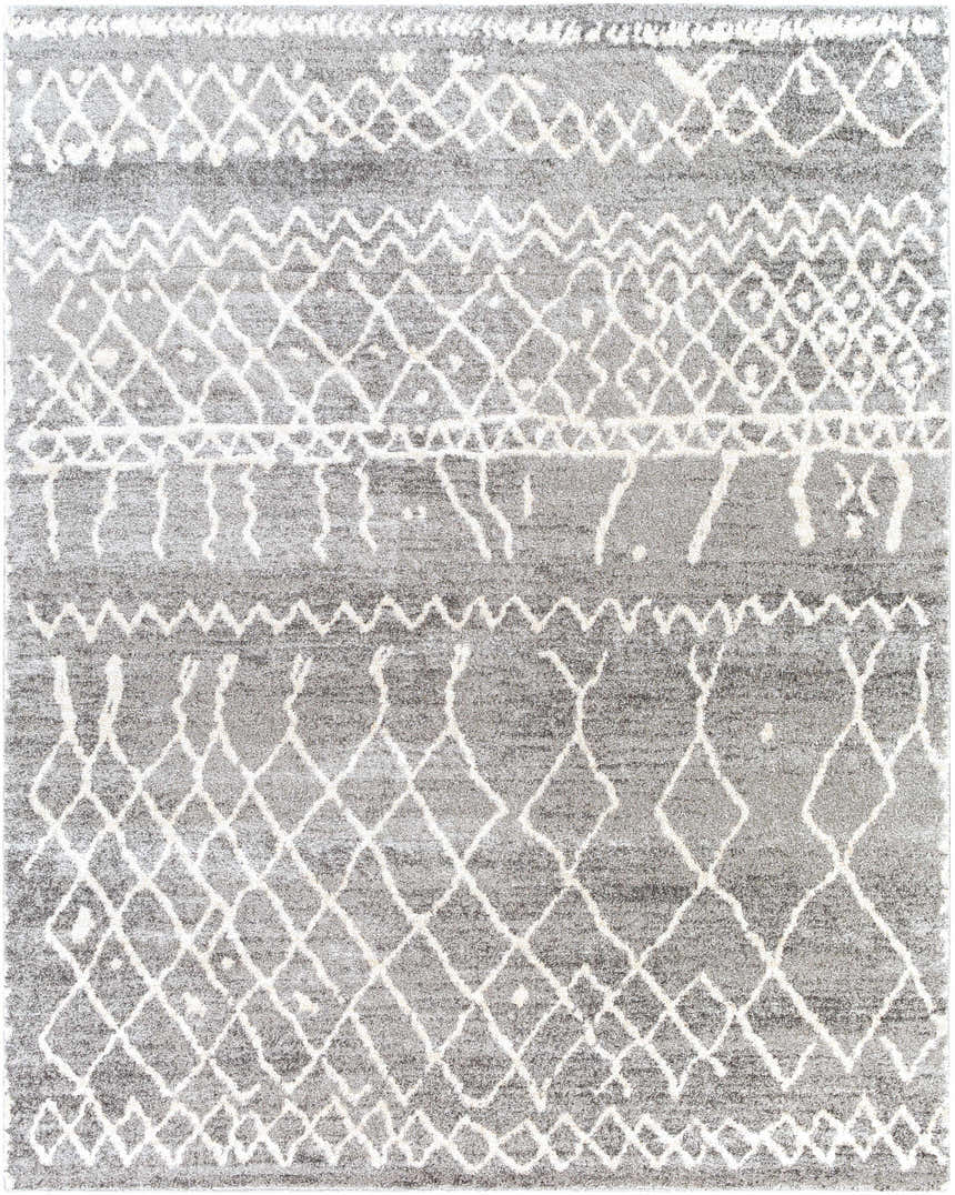 Close-up of the Kessingland Area Rug. Gray rug with a white geometric bohemian pattern. Design-Rectangle-71010