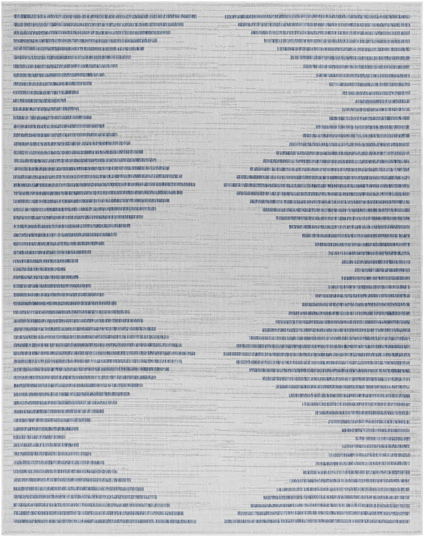 Close-up of the Khandallah Area Rug, featuring a geometric pattern in cream, gray, and navy. Machine-woven texture. Design-Rectangle-71010