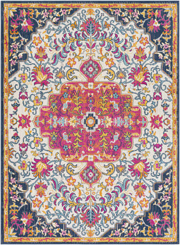 Detailed Kialla Magenta & Burnt Orange Area Rug with floral pattern in fuchsia, orange, blue, and yellow on a light beige background. Design-Rectangle-537