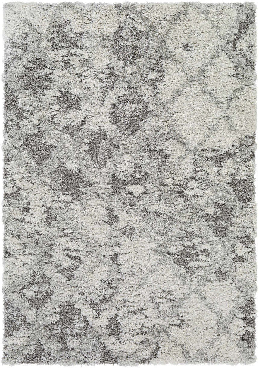 Close-up of the Kilgetty Gray Cloudy Shag Rug, showing its soft texture and abstract gray and off-white pattern. Design-Rectangle-537