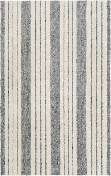 Close-up of the Kilmore Area Rug showing its black, gray, and light gray woven striped pattern and texture. Design-Rectangle-576