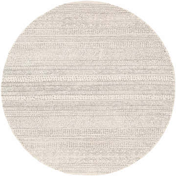 Close-up of round Kinmundy Tufted Maroc Wool Rug. Ivory rug with gray Moroccan-inspired geometric pattern. Design-Round-6