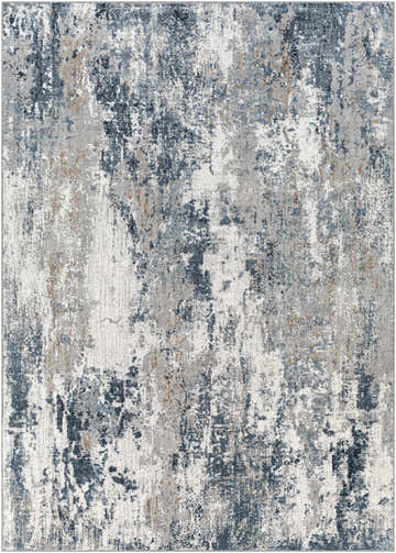 Close-up of the Kipkelion Area Rug, featuring a contemporary abstract design in dark gray, ink, ivory, and tan. Design-Rectangle-537