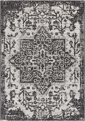 Close-up of Charcoal Kilmacolm Indoor Outdoor Rug. Black and light beige oriental pattern. Machine woven texture. Design-Rectangle-5377