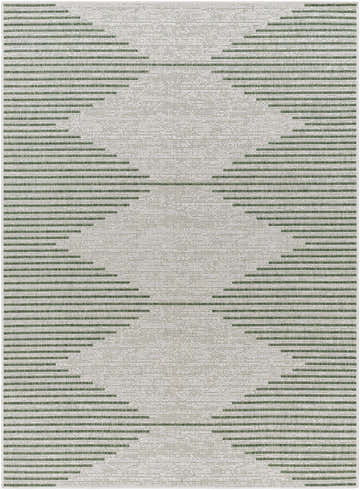 Close-up of Stephan Green Outdoor Rug, featuring a geometric pattern of horizontal dark brown stripes on a light gray woven background. Design-Rectangle-5377
