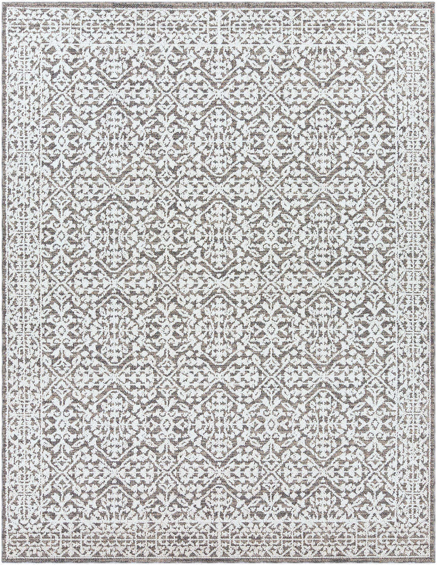 Close-up of the Kinglake Area Rug - Clearance. Bohemian-style rug with a black, gray, and white floral pattern. Design-Rectangle-710103