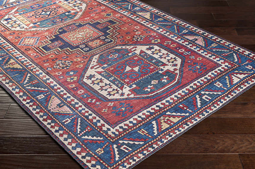 Close-up of the Kodiak Red&Blue Oriental Area Rug showing its traditional pattern, burnt orange, and navy colors. Corner
