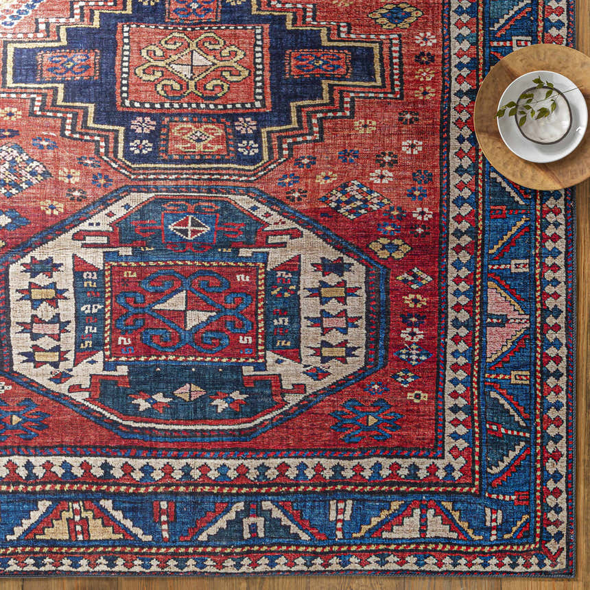 Close-up of the Kodiak Red&Blue Oriental Area Rug. Features a traditional design with red, blue, and beige hues. Styleshot