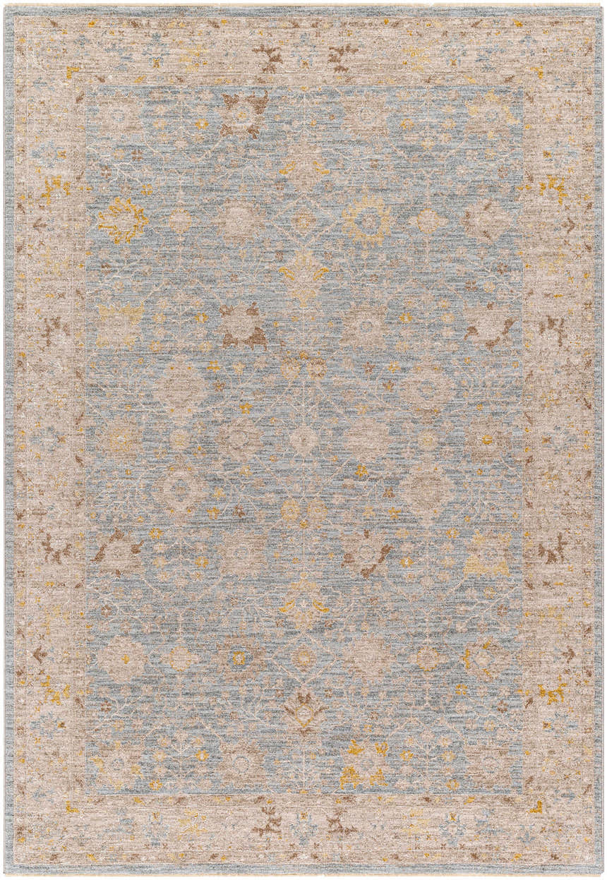 Close-up of the Kofi Thick Luxe Area Rug, showcasing its traditional design with amber, taupe, and light olive tones. Design-Rectangle-575